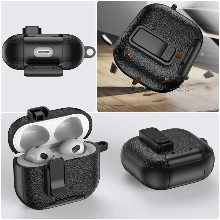 For AirPods 3 Leather Texture Wireless Earphones Case with Hook & Holder(Dark Blue) - Image 6