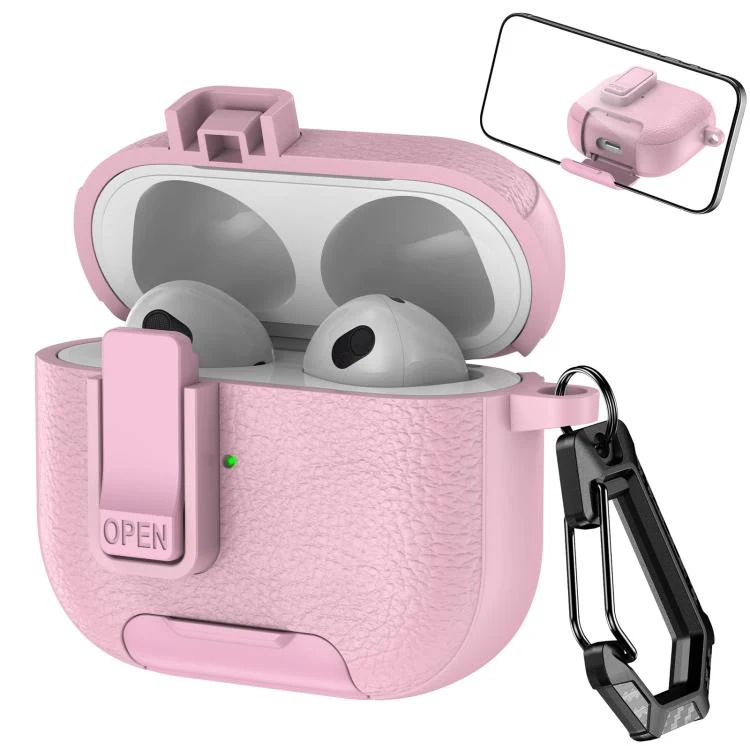 For AirPods 3 Leather Texture Wireless Earphones Case with Hook & Holder(Pink)