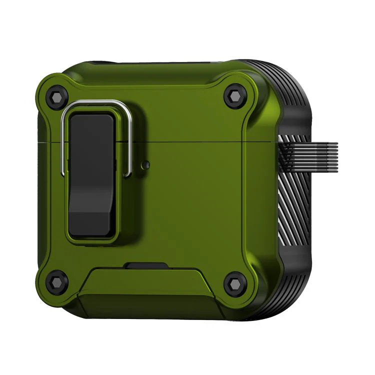 For AirPods 4 Safety Buckle Magnetic Auto Pop-Up Earphones Protective Case With Holder(Black Army Green)