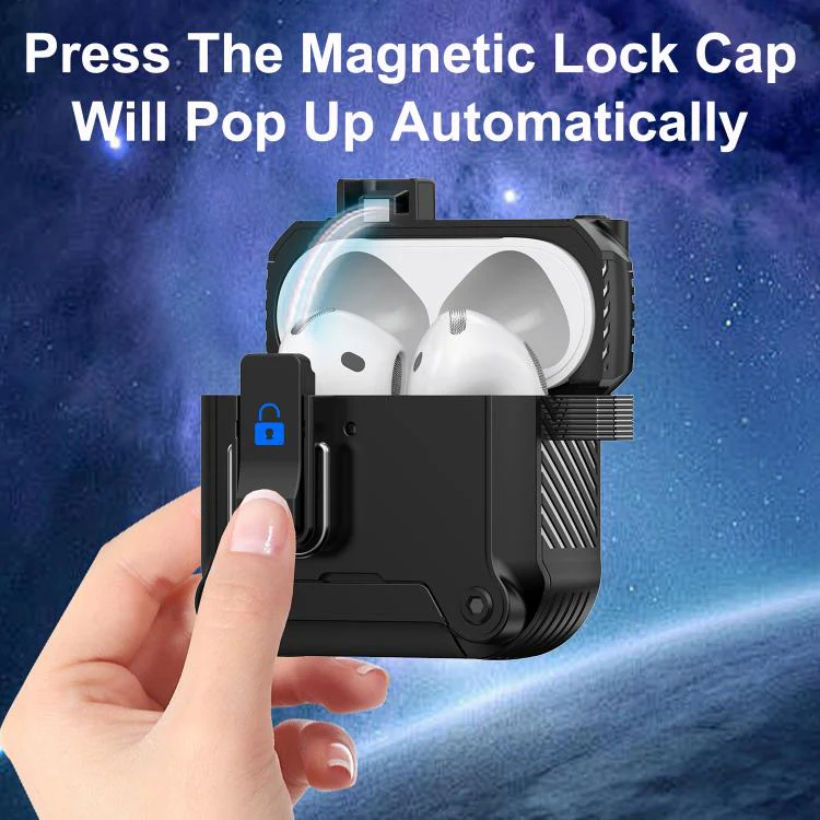 For AirPods 4 Safety Buckle Magnetic Auto Pop-Up Earphones Protective Case With Holder(Black Purple) - Image 3