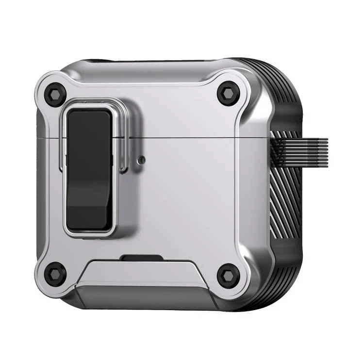 For AirPods 4 Safety Buckle Magnetic Auto Pop-Up Earphones Protective Case With Holder(Black Silver)