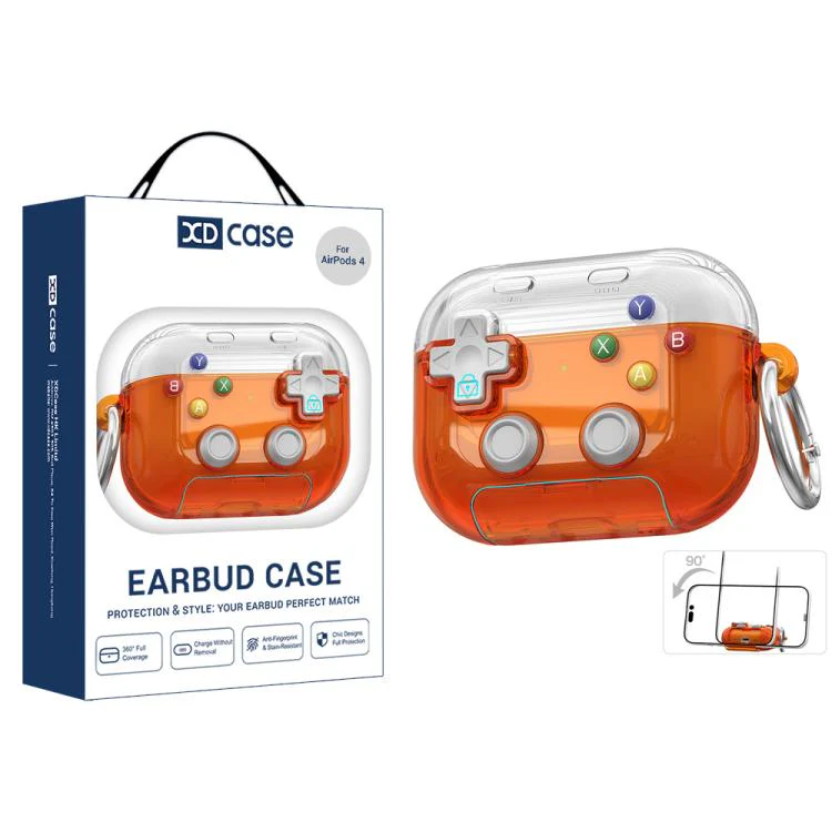 For AirPods 4 XDcase Transparent Retro Game Console Design Earbuds Case with Holder & Stress Relief Button(Transparent Orange)