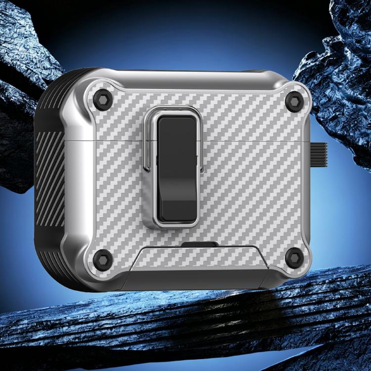 For AirPods Pro 2 Foldable Stand Eagle-Inspired Carbon Fiber Texture Earphone Protective Case(Silver)