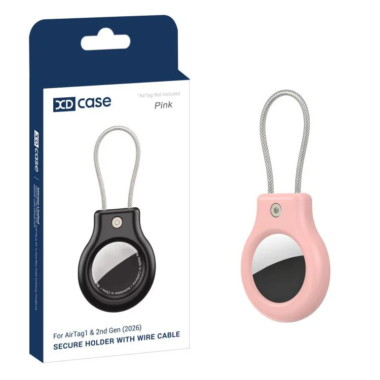 For AirTag 2nd Gen / 1st Gen XDcase Hollow PC Protective Case with Security Lock & Metal Strap(Pink)