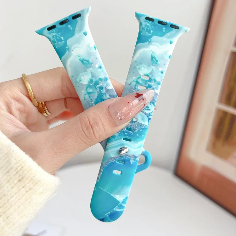 For Apple Watch 42mm / 41mm / 40mm / 38mm Painted Marble Print Reverse Buckle Silicone Watch Band(Blue) - Image 2
