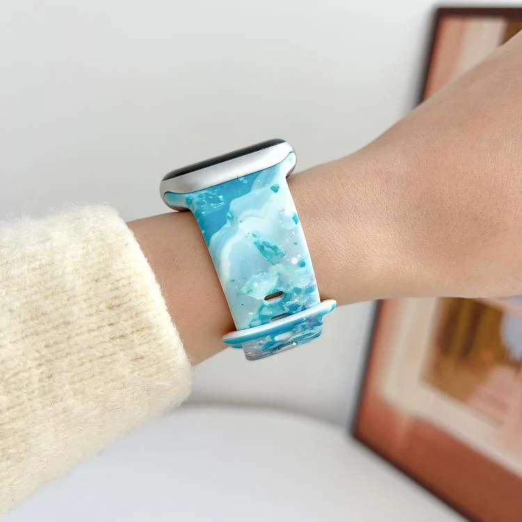 For Apple Watch 42mm / 41mm / 40mm / 38mm Painted Marble Print Reverse Buckle Silicone Watch Band(Blue) - Image 3
