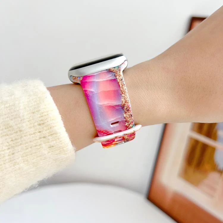 For Apple Watch 42mm / 41mm / 40mm / 38mm Painted Marble Print Reverse Buckle Silicone Watch Band(Colorful Sparkling) - Image 3