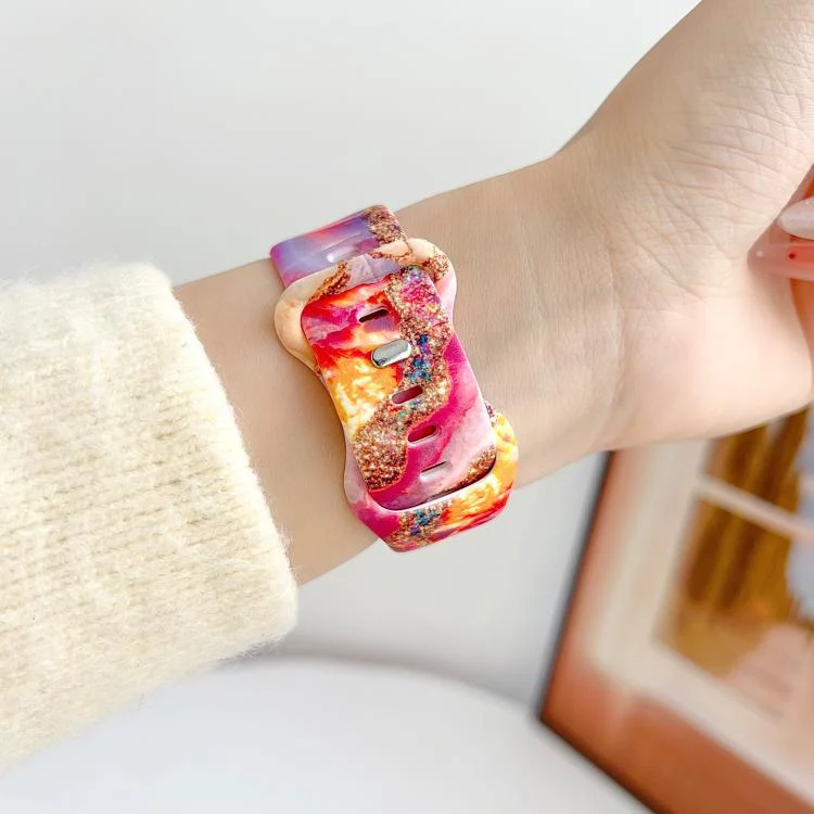 For Apple Watch 42mm / 41mm / 40mm / 38mm Painted Marble Print Reverse Buckle Silicone Watch Band(Colorful Sparkling) - Image 4