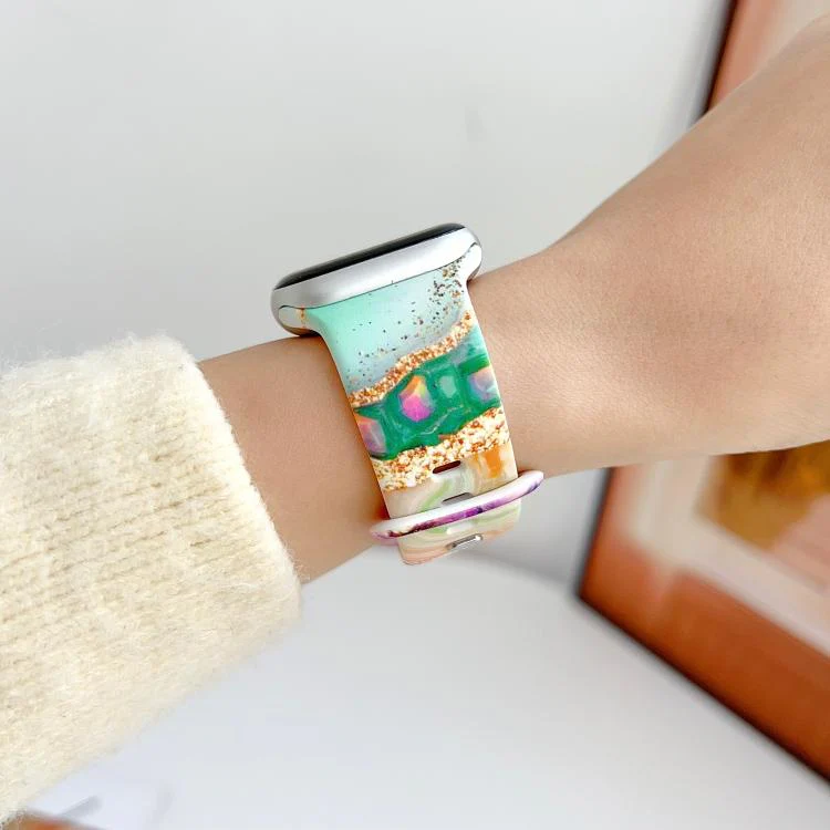 For Apple Watch 42mm / 41mm / 40mm / 38mm Painted Marble Print Reverse Buckle Silicone Watch Band(Purple Green) - Image 3