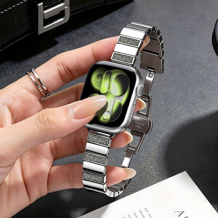 For Apple Watch 42mm / 41mm / 40mm / 38mm Piano Key Design Stainless Steel Folding Clasp Metal Watch Band(Glitter Gray) - Image 4