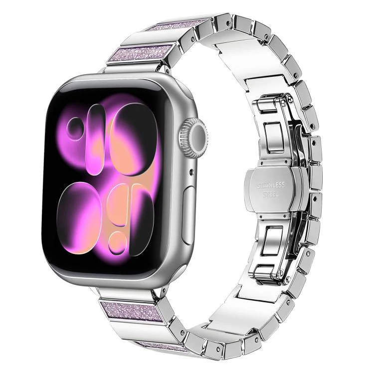 For Apple Watch 42mm / 41mm / 40mm / 38mm Piano Key Design Stainless Steel Folding Clasp Metal Watch Band(Glitter Pink)