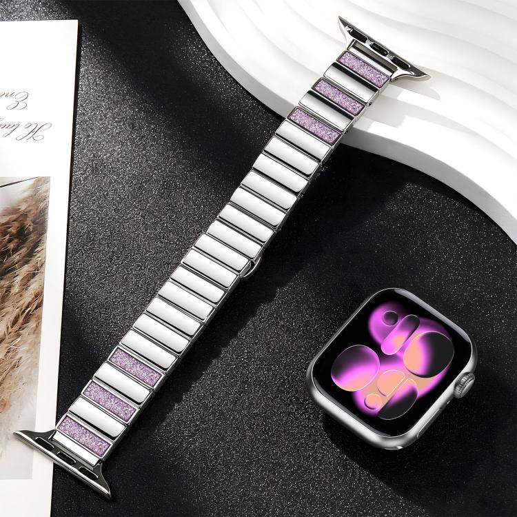 For Apple Watch 42mm / 41mm / 40mm / 38mm Piano Key Design Stainless Steel Folding Clasp Metal Watch Band(Glitter Pink) - Image 5