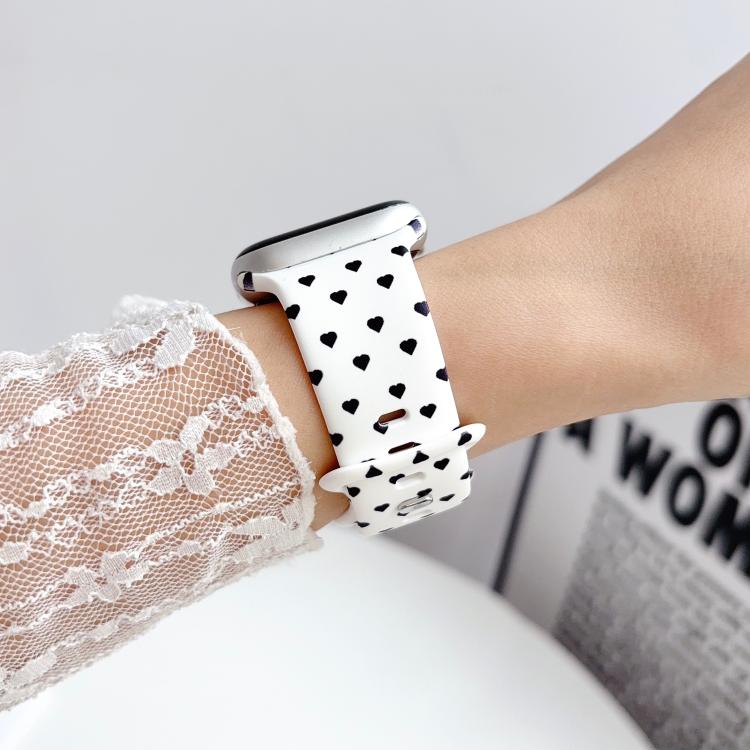 For Apple Watch 42mm / 41mm / 40mm / 38mm Printed Reverse Buckle Silicone Watch Band(Black Heart on White) - Image 3