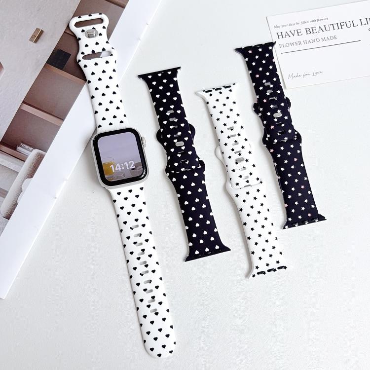 For Apple Watch 42mm / 41mm / 40mm / 38mm Printed Reverse Buckle Silicone Watch Band(White Heart on Black) - Image 6