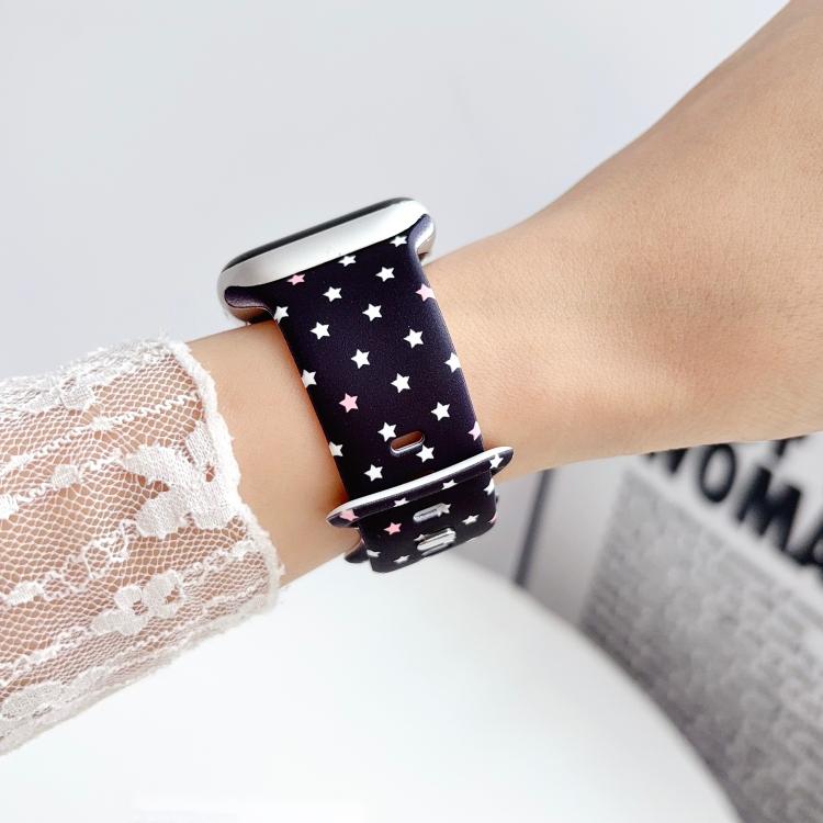 For Apple Watch 42mm / 41mm / 40mm / 38mm Printed Reverse Buckle Silicone Watch Band(White Stars on Black) - Image 3