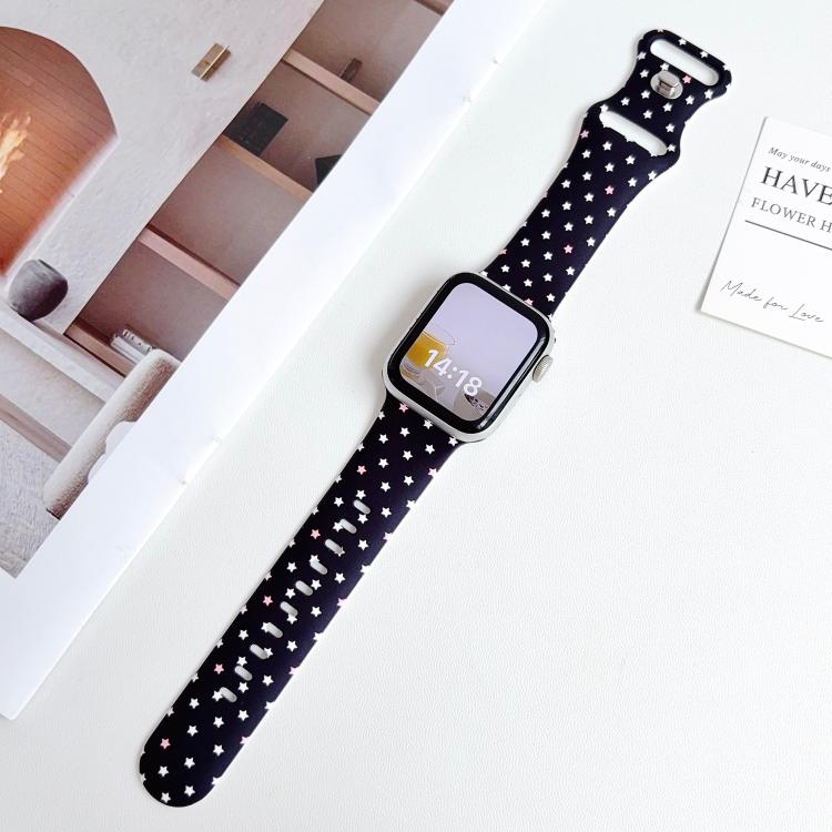 For Apple Watch 42mm / 41mm / 40mm / 38mm Printed Reverse Buckle Silicone Watch Band(White Stars on Black) - Image 5