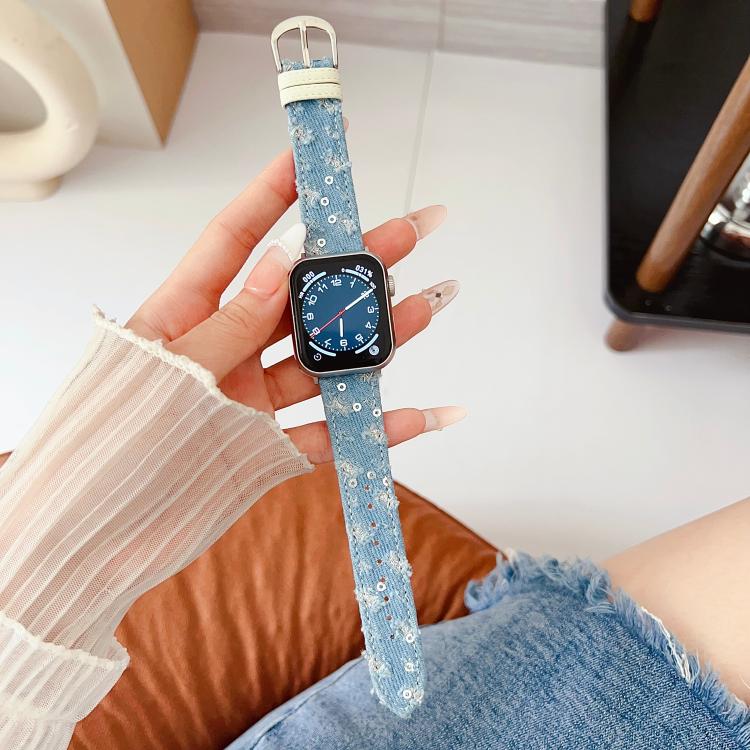 For Apple Watch 46mm / 49mm / 45mm / 44mm Denim Canvas Pin Buckle Watch Band(Light Denim Blue)