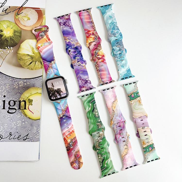 For Apple Watch 46mm / 49mm / 45mm / 44mm Painted Marble Print Reverse Buckle Silicone Watch Band(Blue) - Image 6