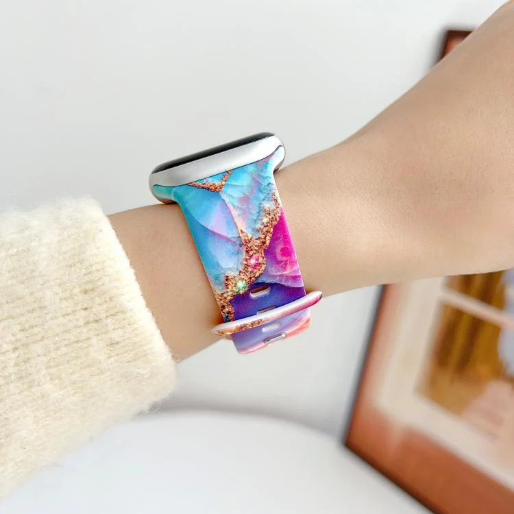 For Apple Watch 46mm / 49mm / 45mm / 44mm Painted Marble Print Reverse Buckle Silicone Watch Band(Colorful) - Image 3