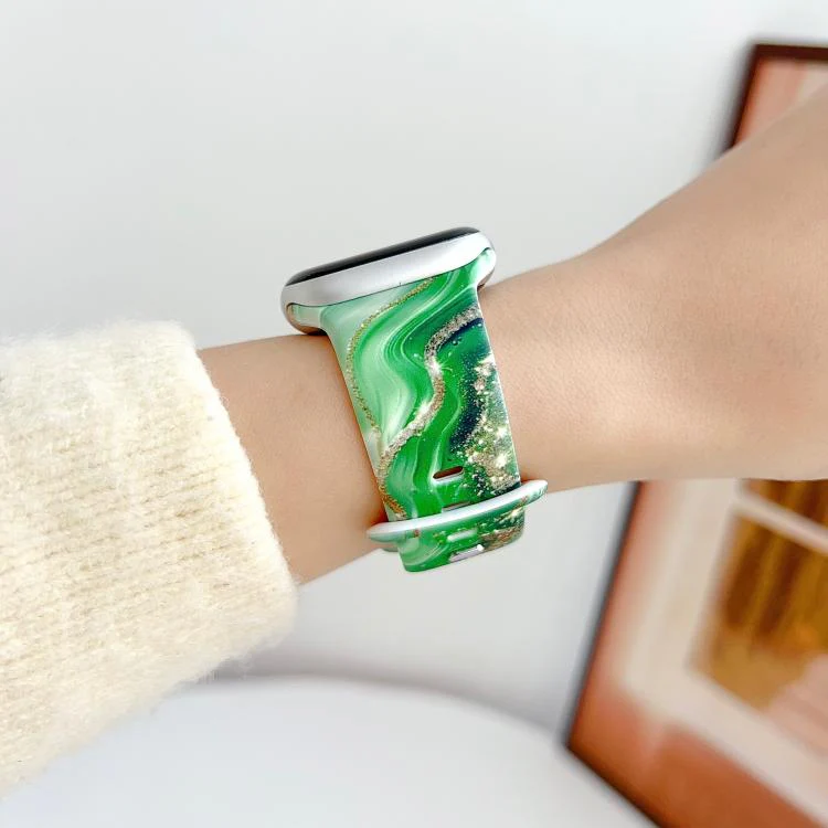 For Apple Watch 46mm / 49mm / 45mm / 44mm Painted Marble Print Reverse Buckle Silicone Watch Band(Green) - Image 3