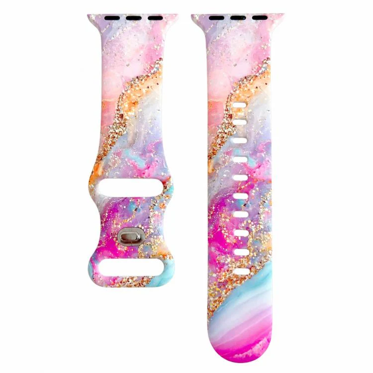 For Apple Watch 46mm / 49mm / 45mm / 44mm Painted Marble Print Reverse Buckle Silicone Watch Band(Pastel Gold)