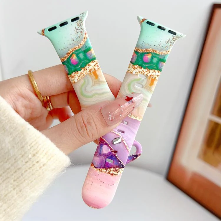 For Apple Watch 46mm / 49mm / 45mm / 44mm Painted Marble Print Reverse Buckle Silicone Watch Band(Purple Green) - Image 2
