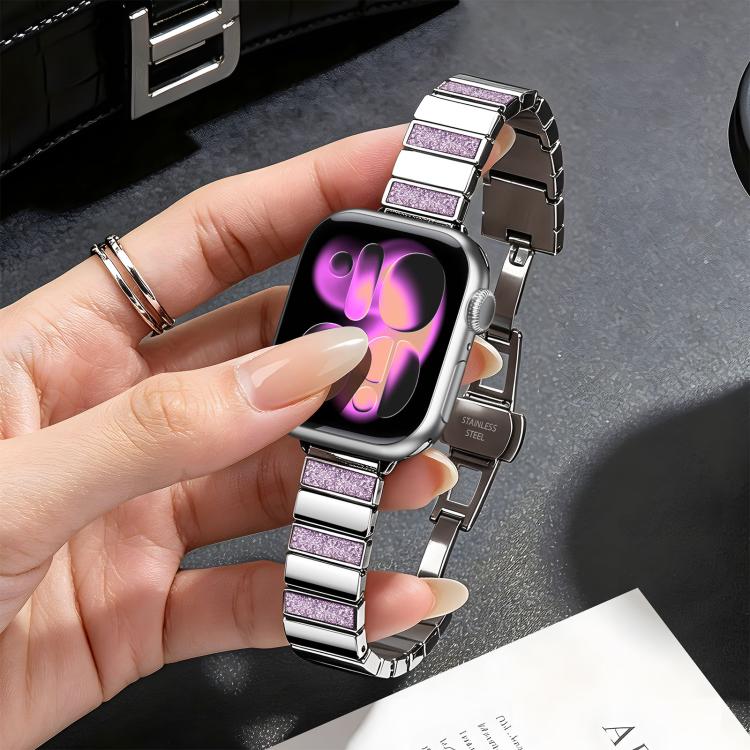 For Apple Watch 46mm / 49mm / 45mm / 44mm Piano Key Design Stainless Steel Folding Clasp Metal Watch Band(Glitter Pink) - Image 4