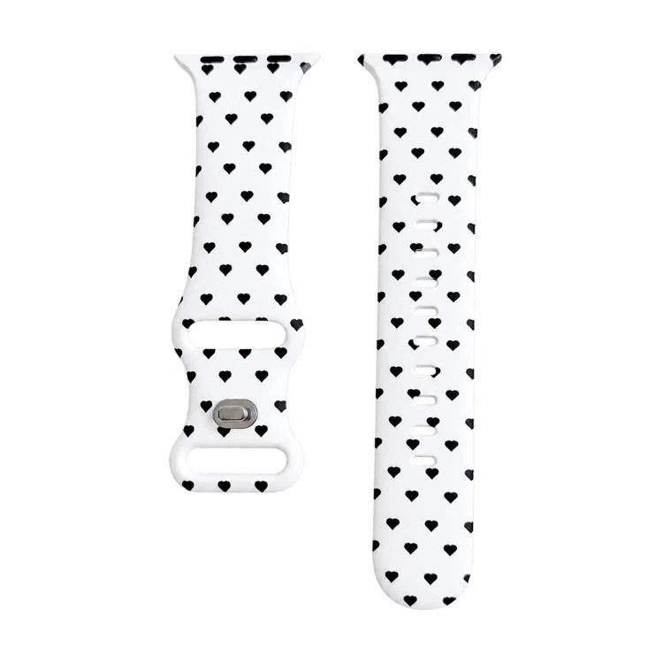 For Apple Watch 46mm / 49mm / 45mm / 44mm Printed Reverse Buckle Silicone Watch Band(Black Heart on White)