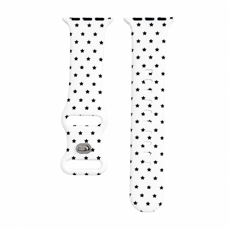 For Apple Watch 46mm / 49mm / 45mm / 44mm Printed Reverse Buckle Silicone Watch Band(Black Stars on White)