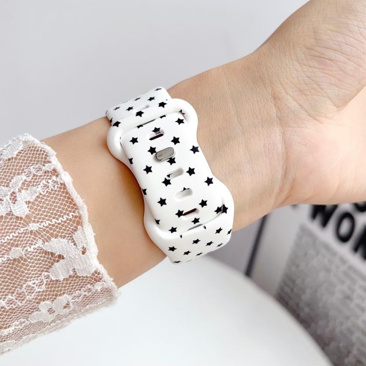 For Apple Watch 46mm / 49mm / 45mm / 44mm Printed Reverse Buckle Silicone Watch Band(Black Stars on White) - Image 4