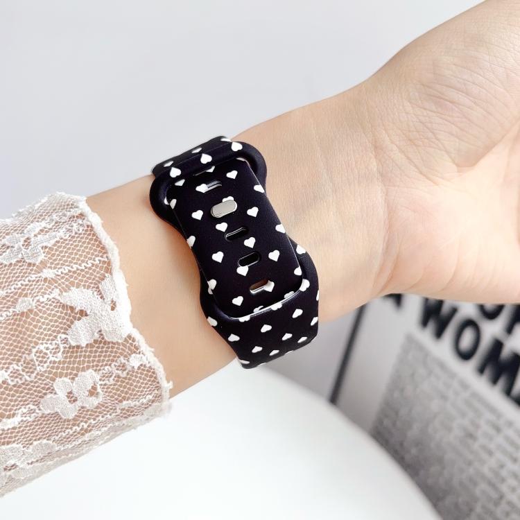 For Apple Watch 46mm / 49mm / 45mm / 44mm Printed Reverse Buckle Silicone Watch Band(White Heart on Black) - Image 4