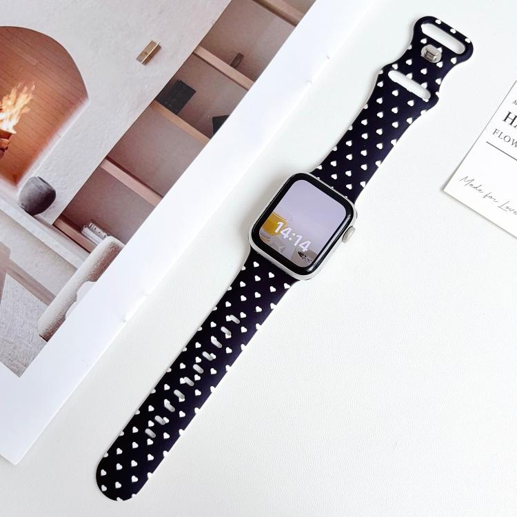 For Apple Watch 46mm / 49mm / 45mm / 44mm Printed Reverse Buckle Silicone Watch Band(White Heart on Black) - Image 5