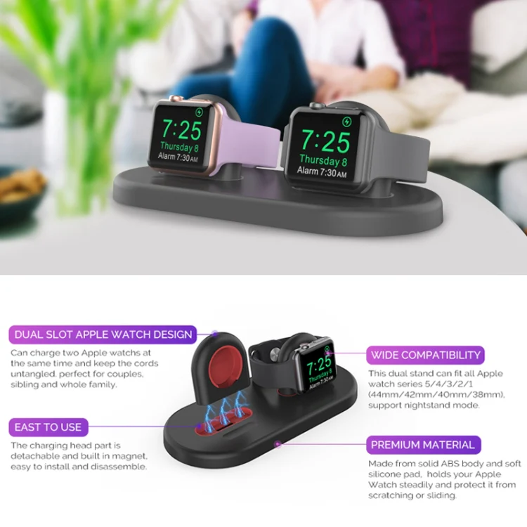 For Apple Watch / Earphone AhaStyle PT116 Universal Plastic Stand Dual Charging Storage Base(Black) - Image 2