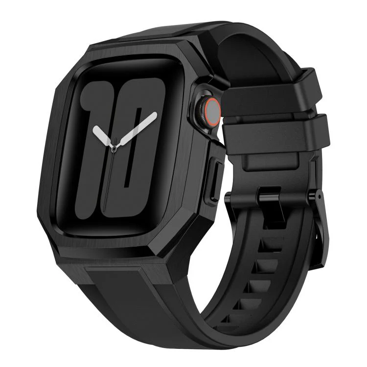 For Apple Watch Series 11 / 10 46mm Stainless Steel Protective Case Integrated Fluororubber Watch Band(Black)