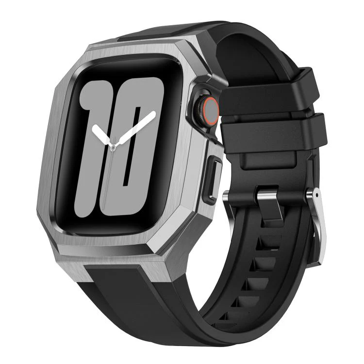 For Apple Watch Series 9 / 8 / 7 45mm Stainless Steel Protective Case Integrated Fluororubber Watch Band(Silver)