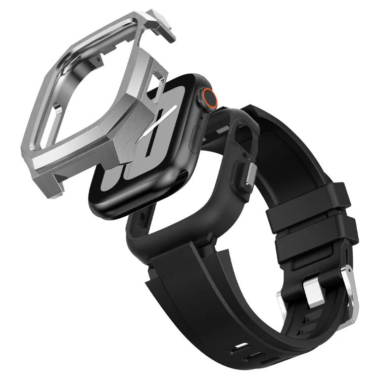 For Apple Watch Series 9 / 8 / 7 45mm Stainless Steel Protective Case Integrated Fluororubber Watch Band(Silver) - Image 7