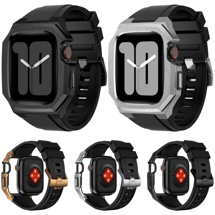 For Apple Watch Series SE / 6 / 5 / 4 44mm Stainless Steel Protective Case Integrated Fluororubber Watch Band(Black) - Image 11