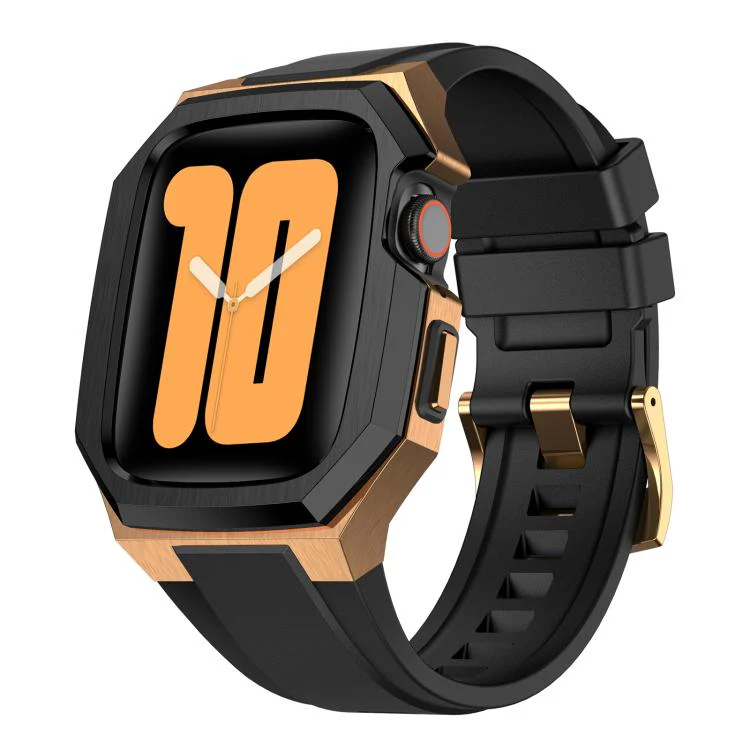 For Apple Watch Series SE / 6 / 5 / 4 44mm Stainless Steel Protective Case Integrated Fluororubber Watch Band(Black Rose)