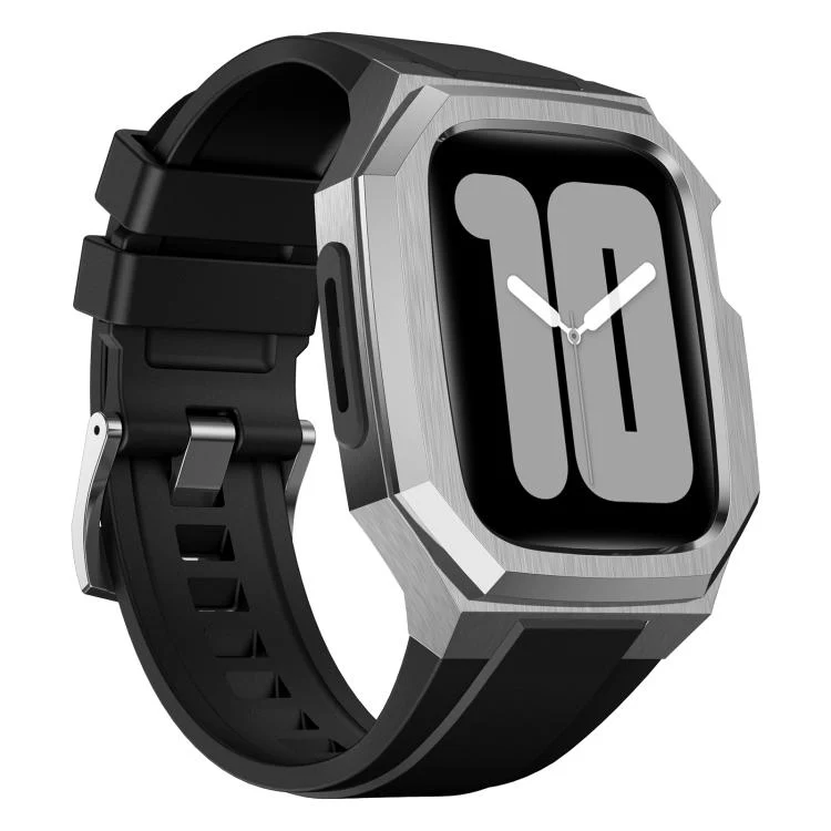 For Apple Watch Series SE / 6 / 5 / 4 44mm Stainless Steel Protective Case Integrated Fluororubber Watch Band(Silver) - Image 2