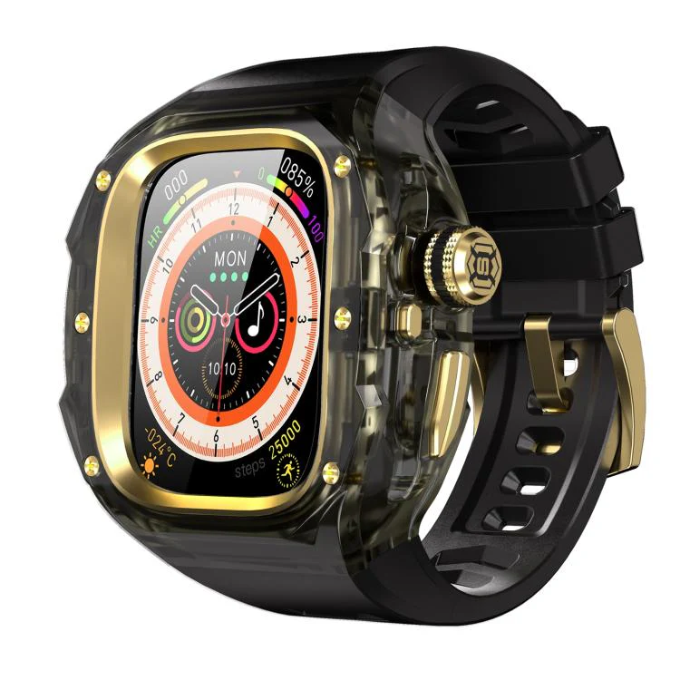 For Apple Watch Ultra 3 / 2 / 1 49mm RedPepper CD Crystal Metal Case Integrated Steel Watch Band(Translucent Black + Gold + Black)
