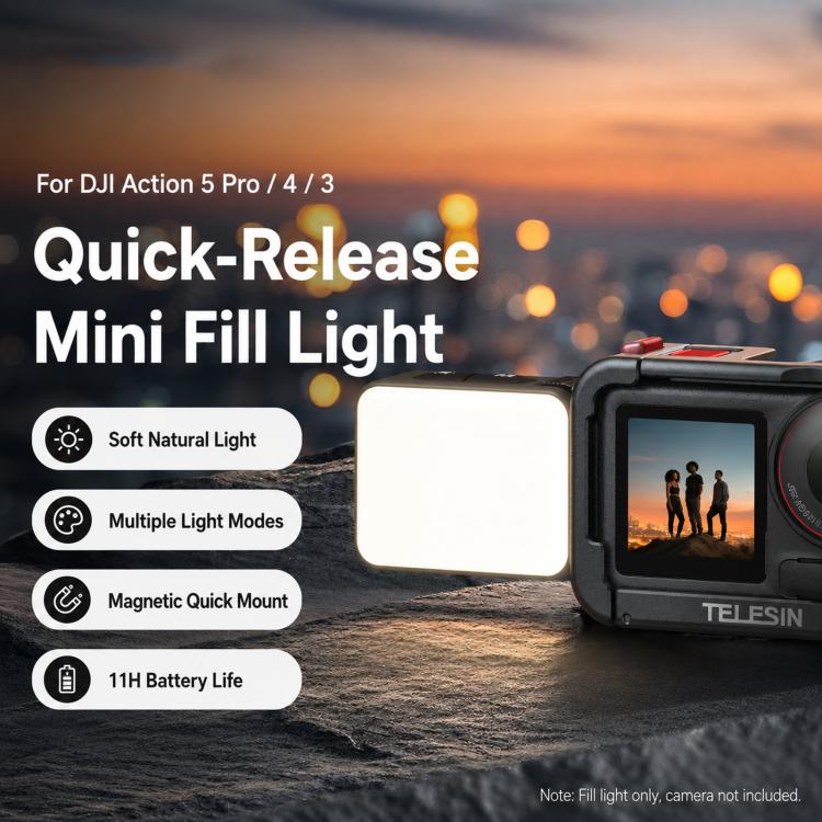 For DJI Action 5 Pro/4/3 TELESIN Quick-Release Mini Vlog Fill Light, IPX5 Waterproof Magnetic LED Video Light With 3 Color Temps(Black)