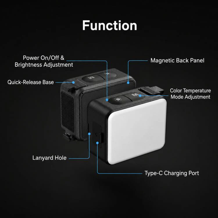 For DJI Action 5 Pro/4/3 TELESIN Quick-Release Mini Vlog Fill Light, IPX5 Waterproof Magnetic LED Video Light With 3 Color Temps(Black) - Image 11