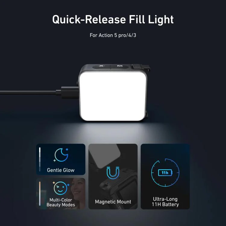 For DJI Action 5 Pro/4/3 TELESIN Quick-Release Mini Vlog Fill Light, IPX5 Waterproof Magnetic LED Video Light With 3 Color Temps(Black) - Image 4