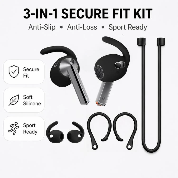 For Galaxy Buds3 Pro XDcase Silicone Sports Anti-Slip Ear Covers & Ear Hooks & Anti-Lost Strap Combo Set(Black) - Image 2