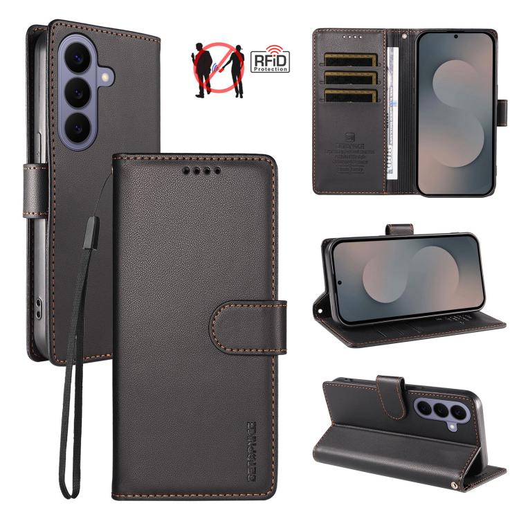 For Galaxy S26+ 5G BETOPNICE Pearlescent RFID Vegan Leather Phone Case with Strap(Black)
