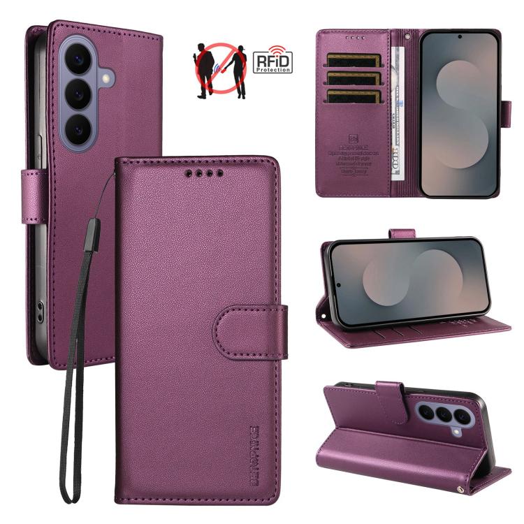 For Galaxy S26+ 5G BETOPNICE Pearlescent RFID Vegan Leather Phone Case with Strap(Purple)