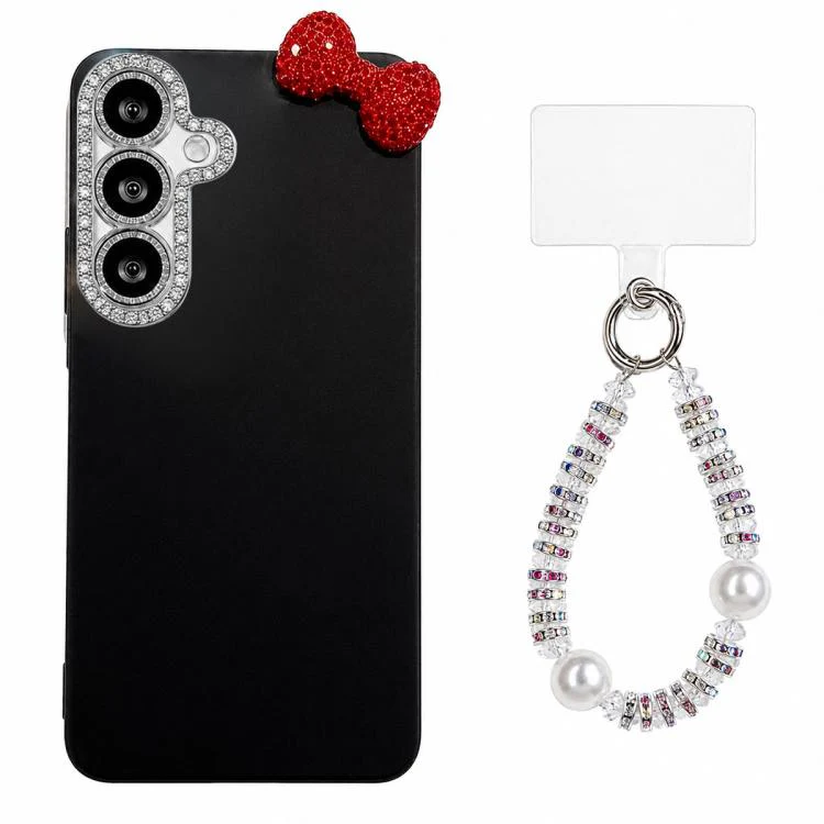 For Galaxy S26 5G Cute Bowknot Dopamine Color Skin-Friendly IMD Phone Case with Beaded Wrist Strap(Black)