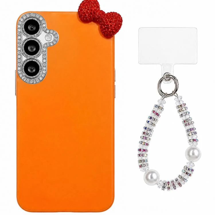 For Galaxy S26+ 5G Cute Bowknot Dopamine Color Skin-Friendly IMD Phone Case with Beaded Wrist Strap(Orange)
