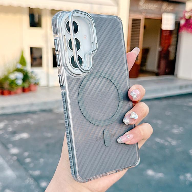 For Galaxy S26+ 5G Dual-Color Carbon Fiber Texture Lens Kickstand Magnetic Phone Case(Gray)