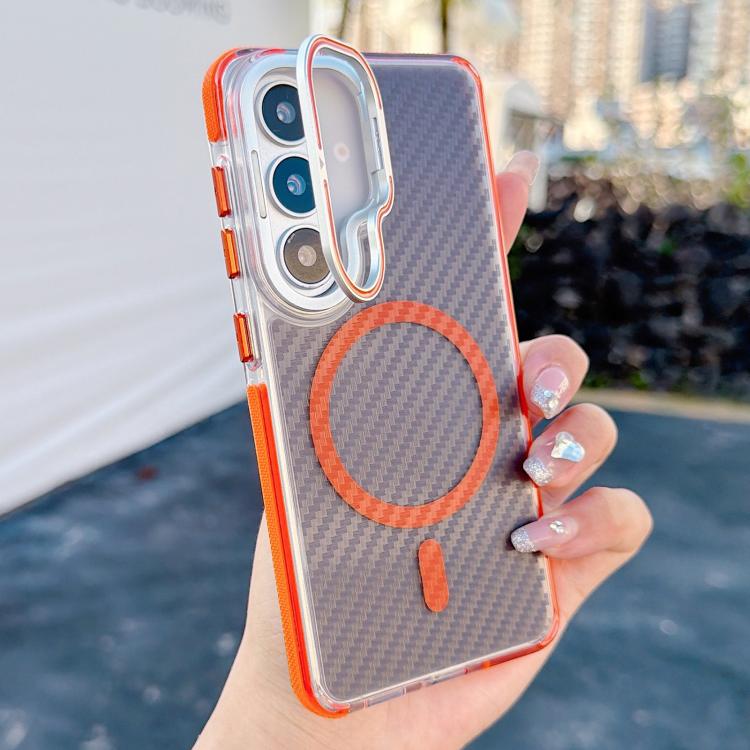 For Galaxy S26 5G Dual-Color Carbon Fiber Texture Lens Kickstand Magnetic Phone Case(Orange)